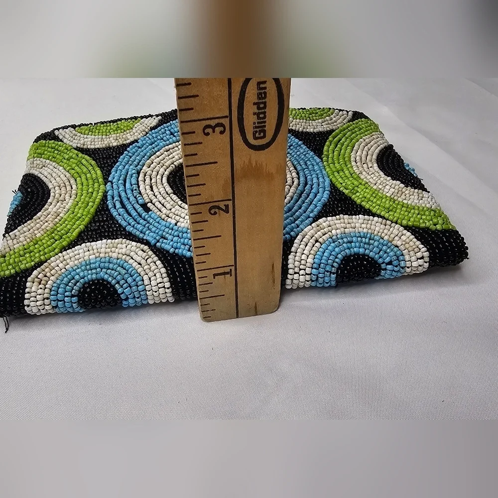 Vintage Beaded Zip Clutch Retro Purse Green & Brown MCM Circle Motif Pouch - Picture 7 of 8